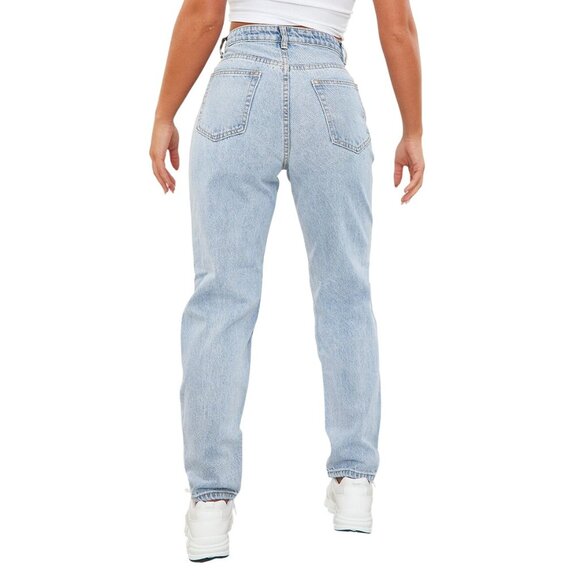 2/$30 NWT PrettyLittleThing "8" Light Blue Knee Ripped Mom Jeans Straight Leg - Picture 4 of 16